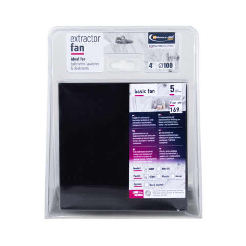 Wentylator łazienkowy serii MMP – Szklany Panel Czarny Mat. ULTRA CICHY. Wyposażenie Timer. Średnica 100 mm Wentylator łazienkowy serii MMP – Szklany Panel Czarny Mat. ULTRA CICHY. Wyposażenie Timer. Średnica 100 mm