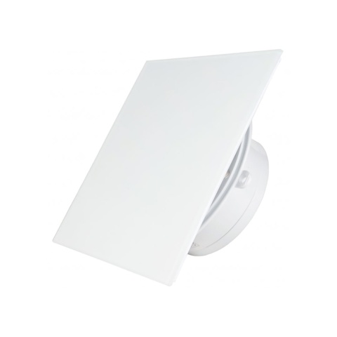 Wentylator łazienkowy serii MMP. KRÓTKI KRÓCIEC. Szklany Panel Biały Mat. Wyposażenie standard. Średnica100 mm