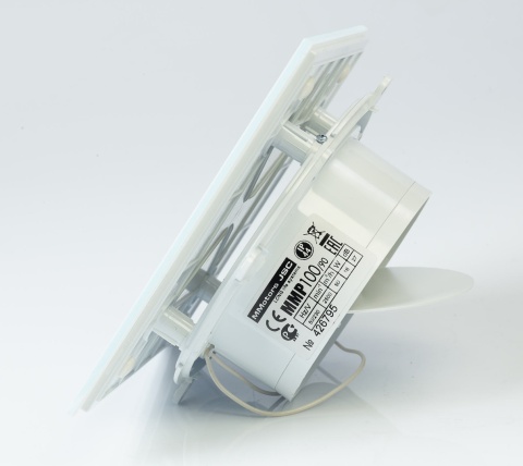 Wentylator łazienkowy serii MMP. Krótki króciec Szklany Panel Biały Połysk Standard Średnica 100 mm